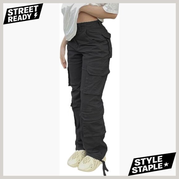 Pants - High Waisted Cargo Pants Women Baggy Y2K Straight Wide Leg Streetwear Pockets